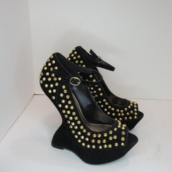 Steve Madden Gammblee Black Gold Studded Wedge Platform Heels - Picture 3 of 8